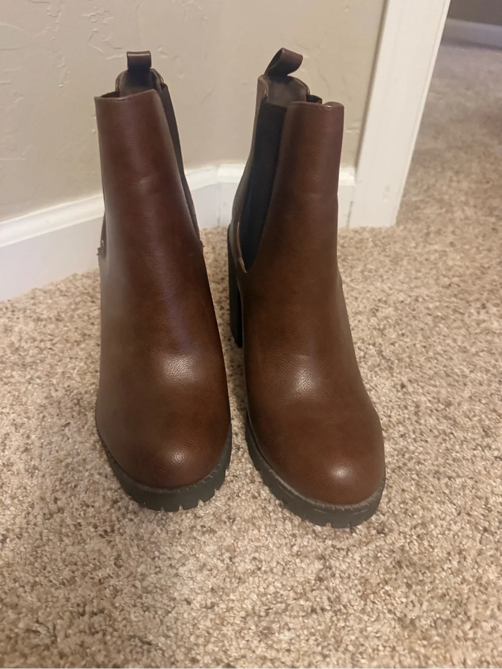 Soda Brown Chelsea Block Heel Ankle Booties